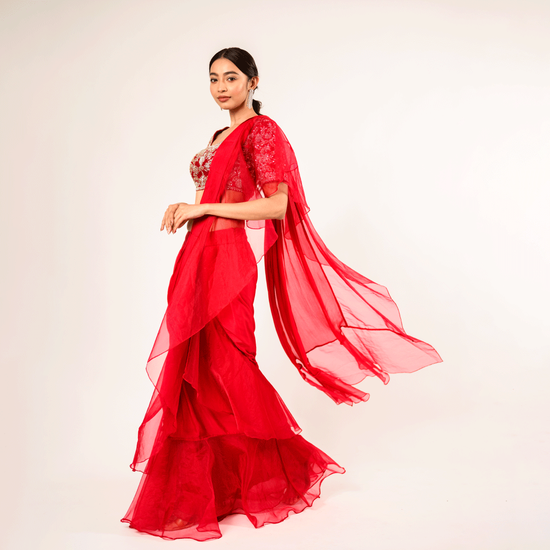 Ruffled Scarlett Pure Chinnon and Organza Drape Saree with Blouse