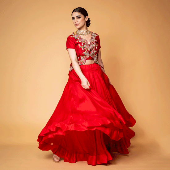 Red Carmine Pure Organza Russian Silk Top and Lehenga