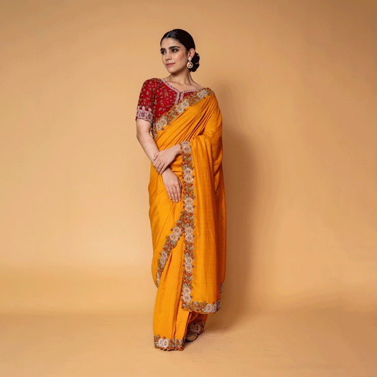 Signature Mustard and Maroon Monga Saree and Blouse