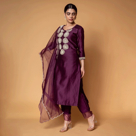 Bordeaux Chanderi Straight Kurta, Pants and Organza Dupatta