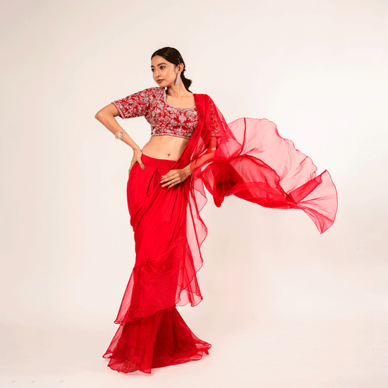 Ruffled Scarlett Pure Chinnon and Organza Drape Saree with Blouse