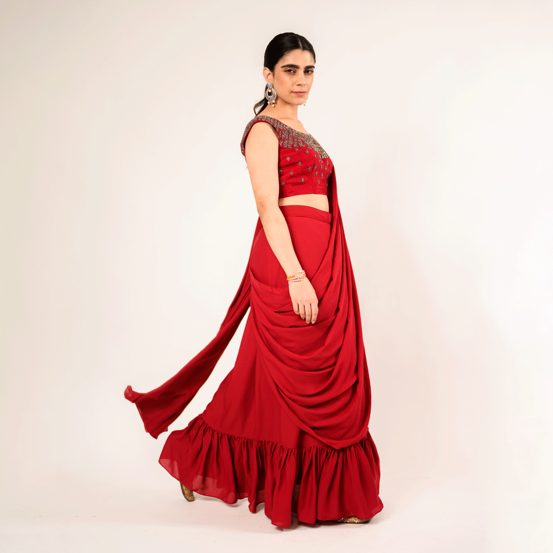 Crimson Maroon Georgette Kardhana Drape Saree and Blouse