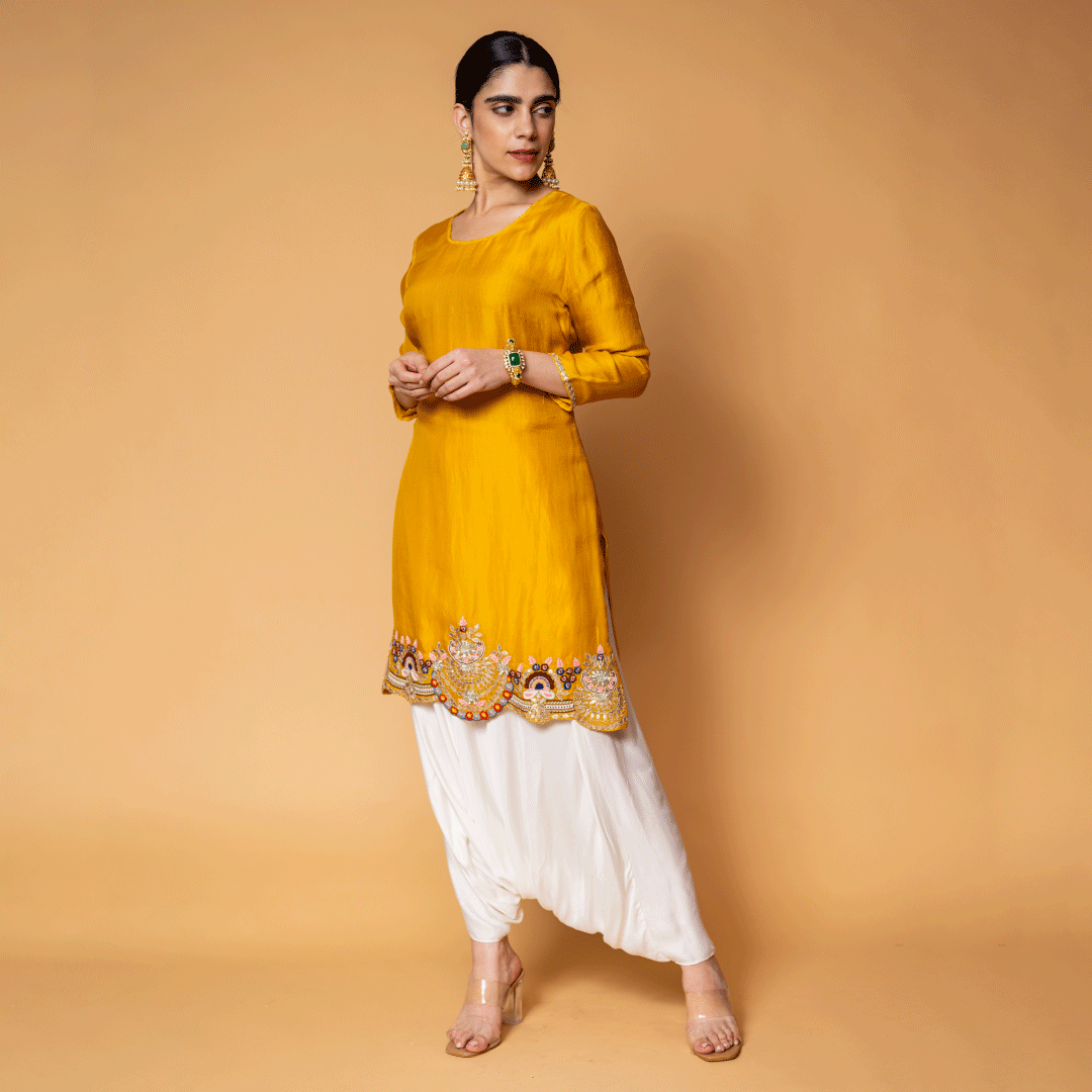 Yellow and White Organza Kurti Top and Satin Harem Pant