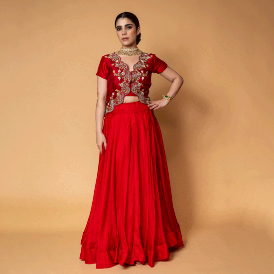 Red Carmine Pure Organza Russian Silk Top and Lehenga