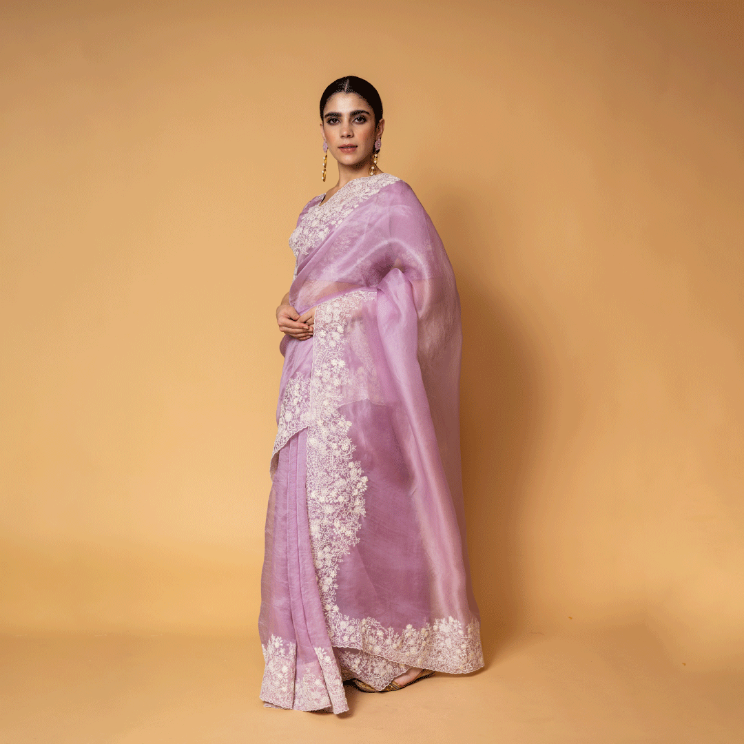 Periwinkle Pure Organza Saree and Blouse