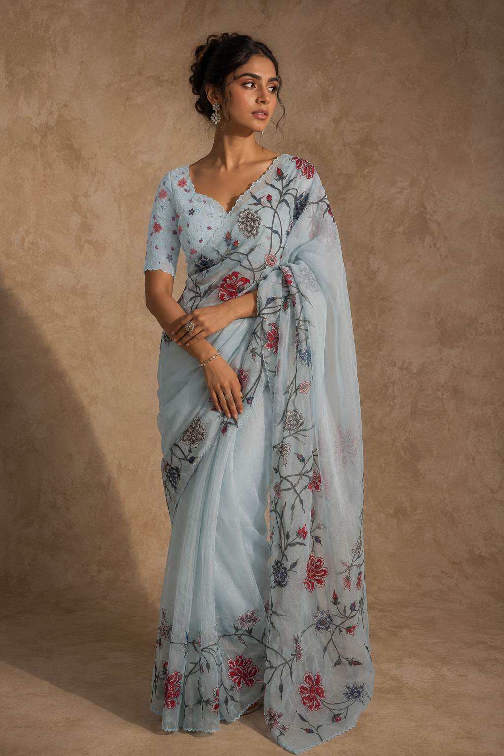 Powder Blue Floral Embroidered Saree