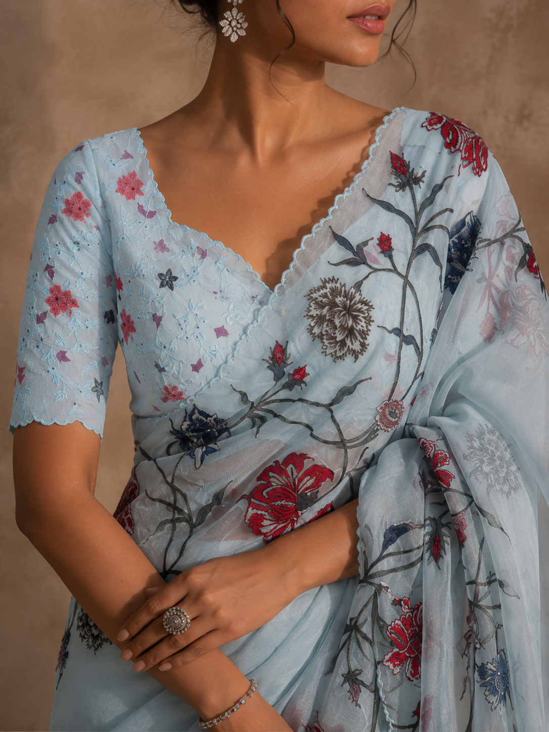 Powder Blue Floral Embroidered Saree