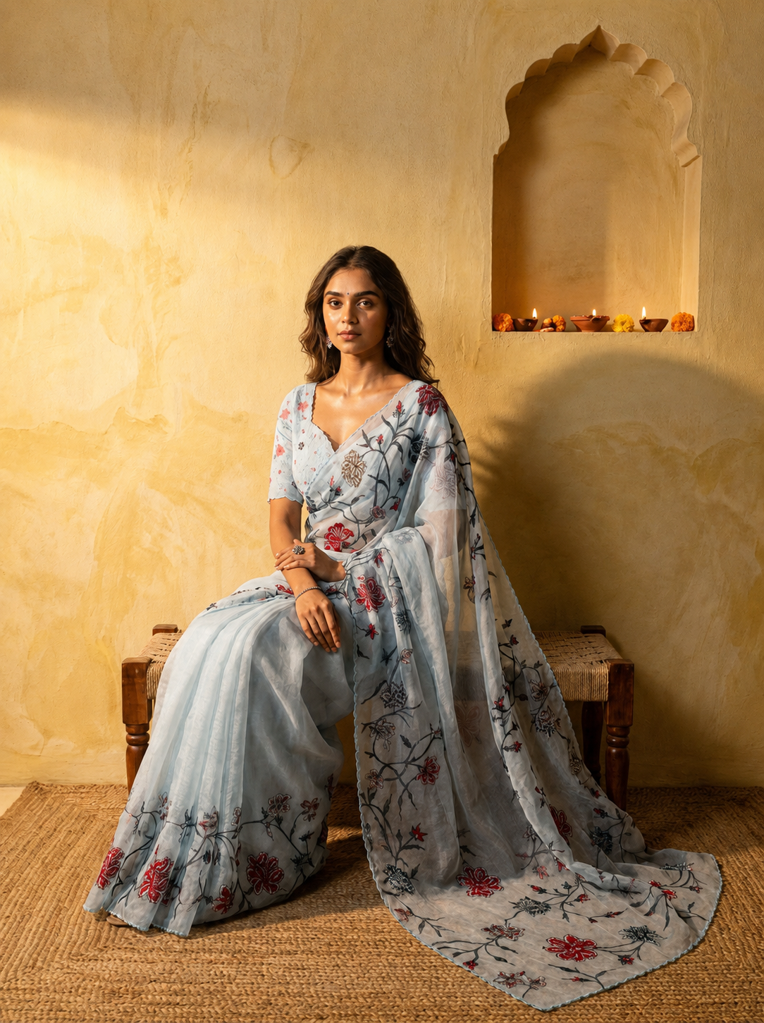 Powder Blue Floral Embroidered Saree