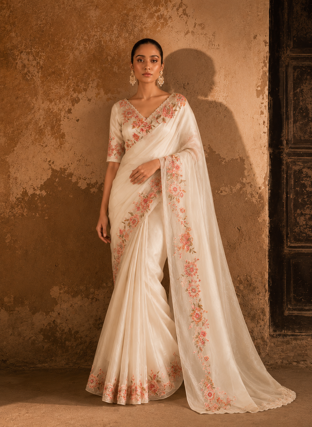Ivory Floral Embroidered Organza Saree