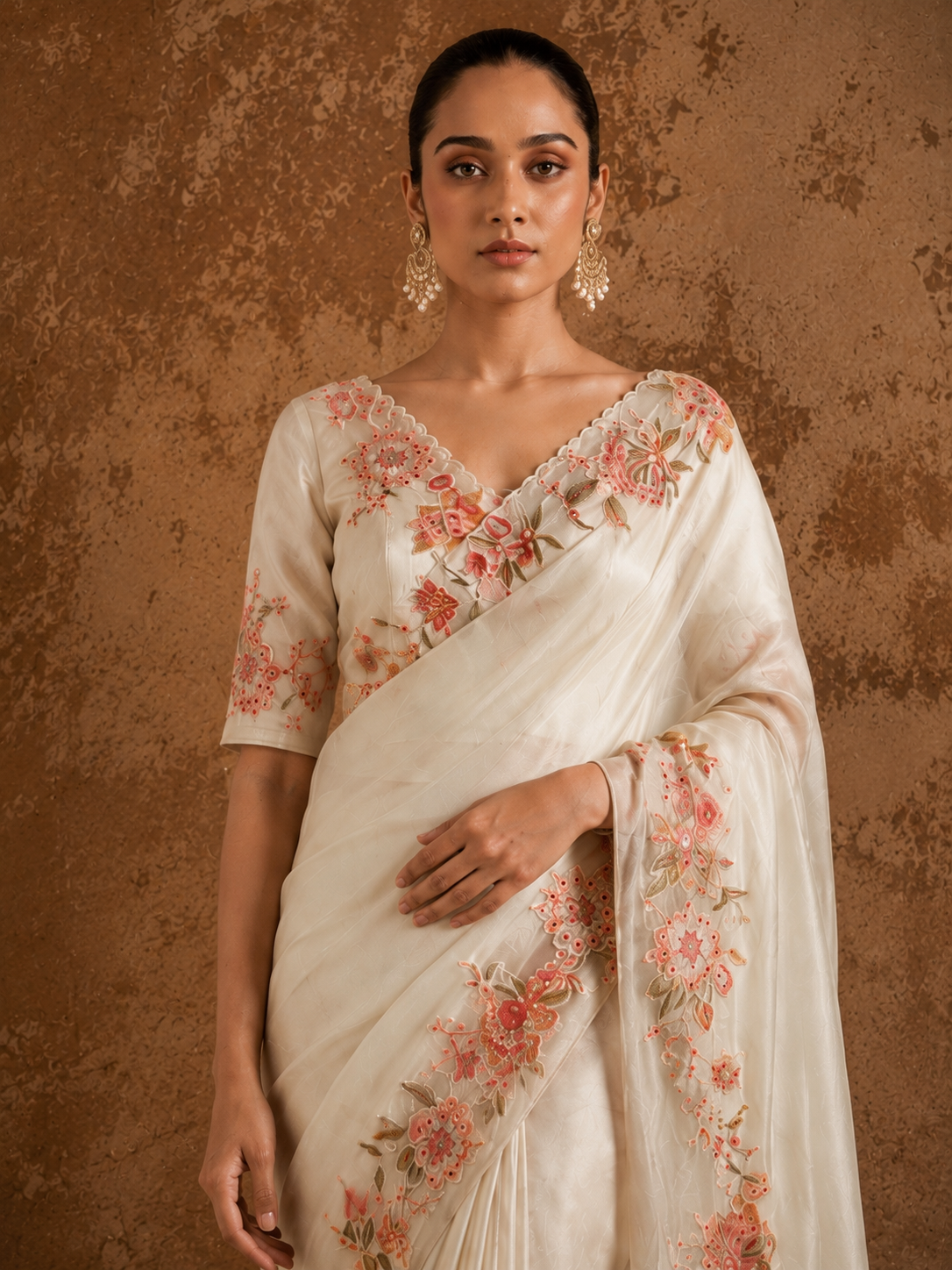 Ivory Floral Embroidered Organza Saree