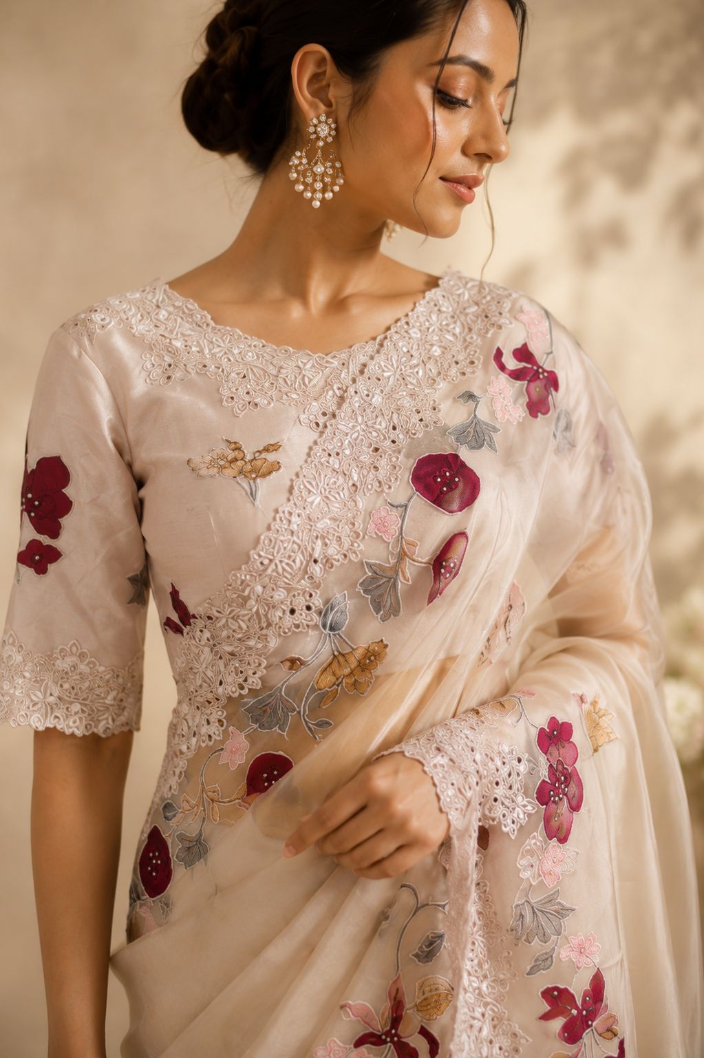 Champagne Beige Floral Embroidered Organza Saree