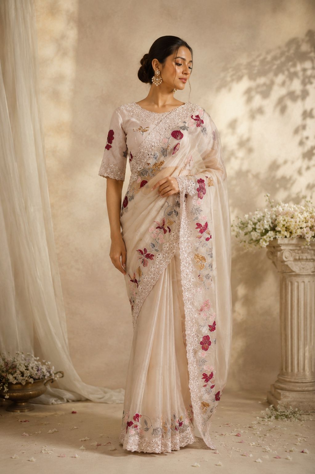 Champagne Beige Floral Embroidered Organza Saree