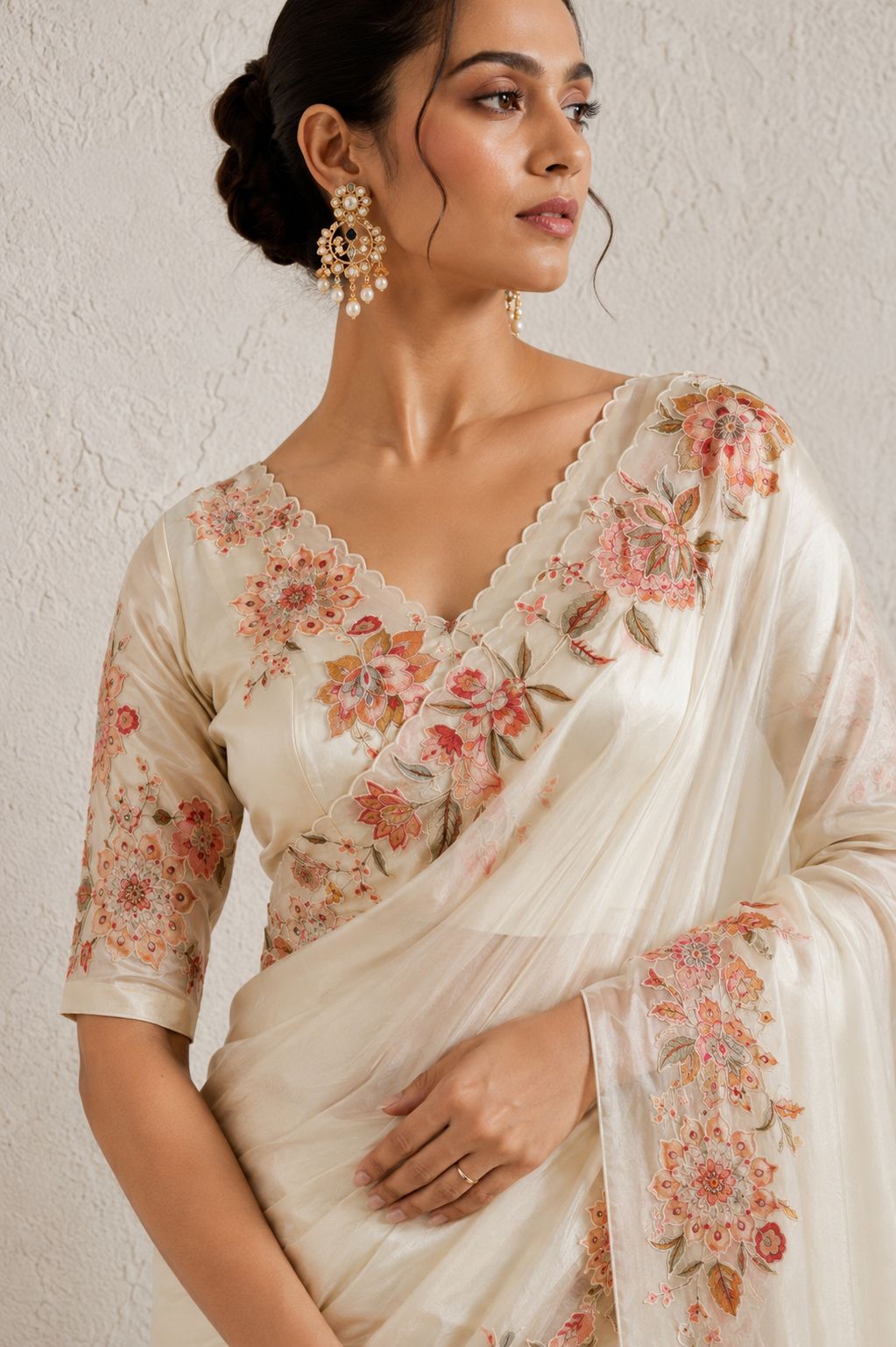 Ivory Floral Embroidered Organza Saree