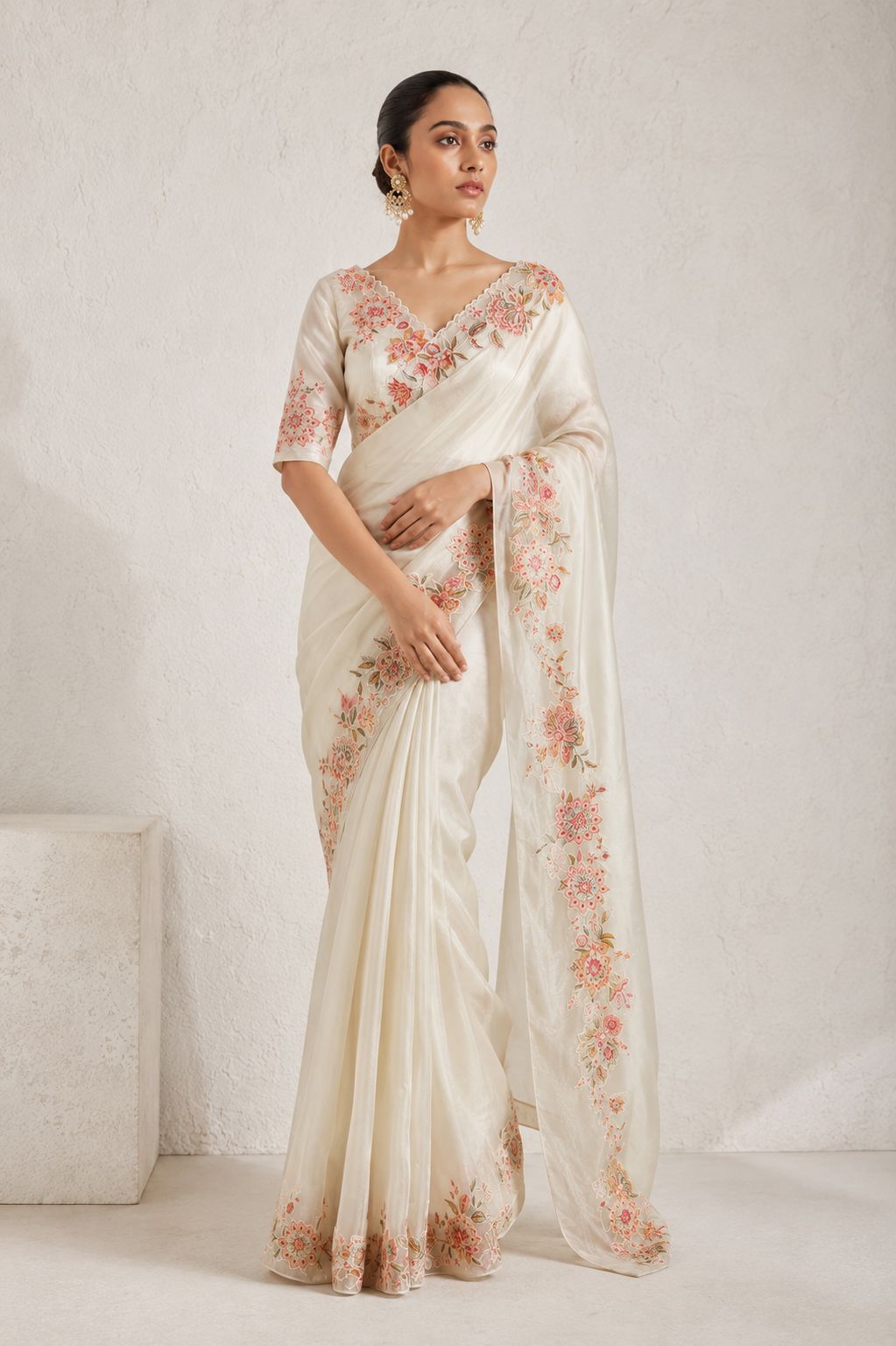 Ivory Floral Embroidered Organza Saree