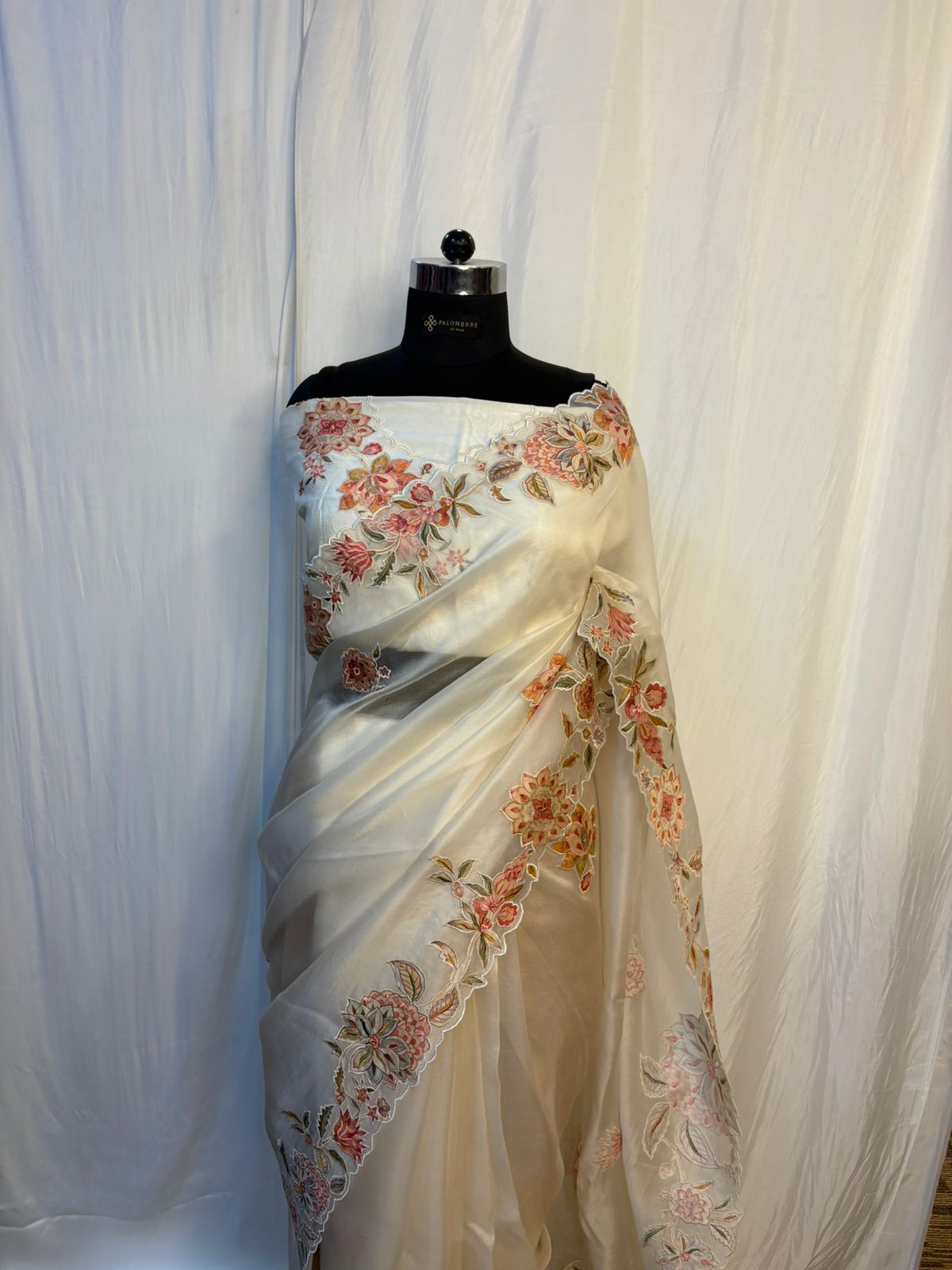 Ivory Floral Embroidered Organza Saree