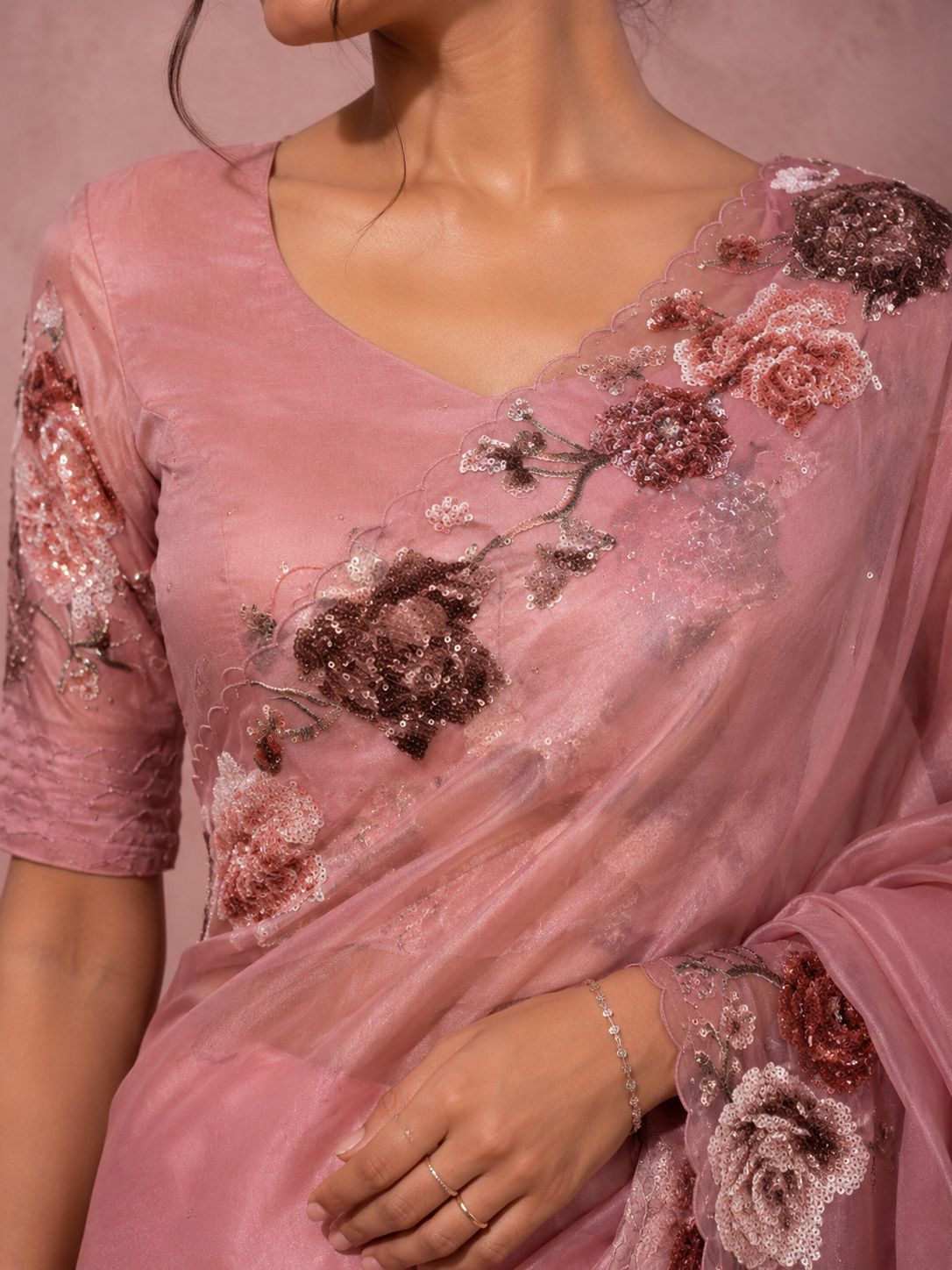 Blush Pink Floral Embellished Organza Saree