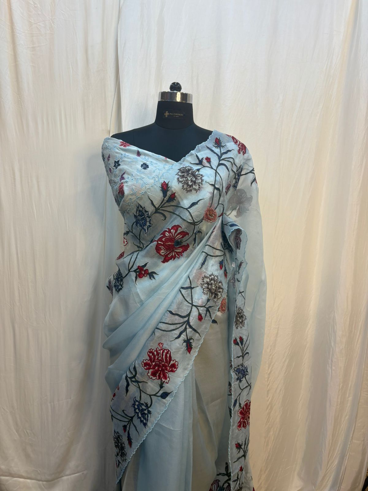 Powder Blue Floral Embroidered Saree
