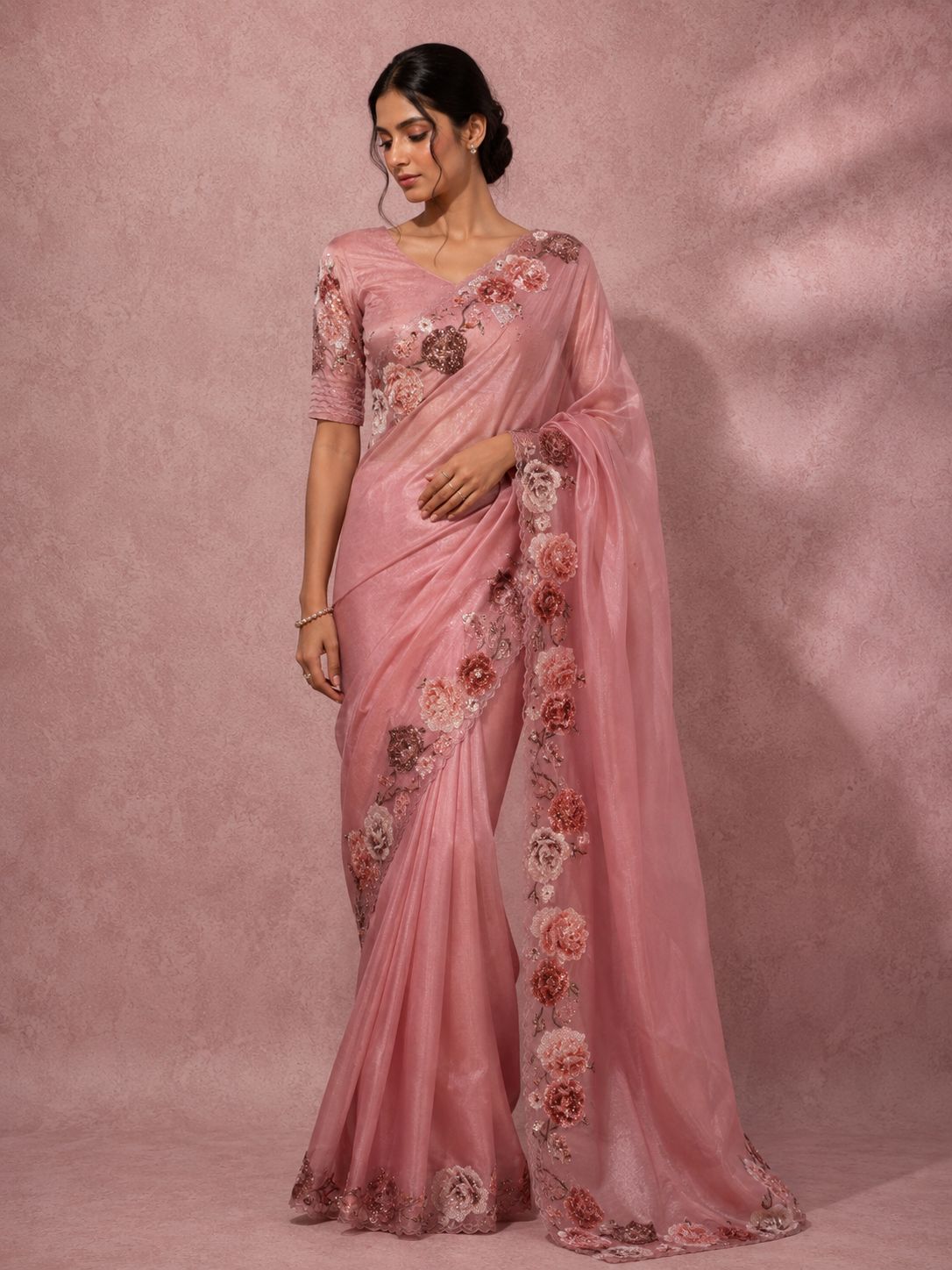 Blush Pink Floral Embellished Organza Saree