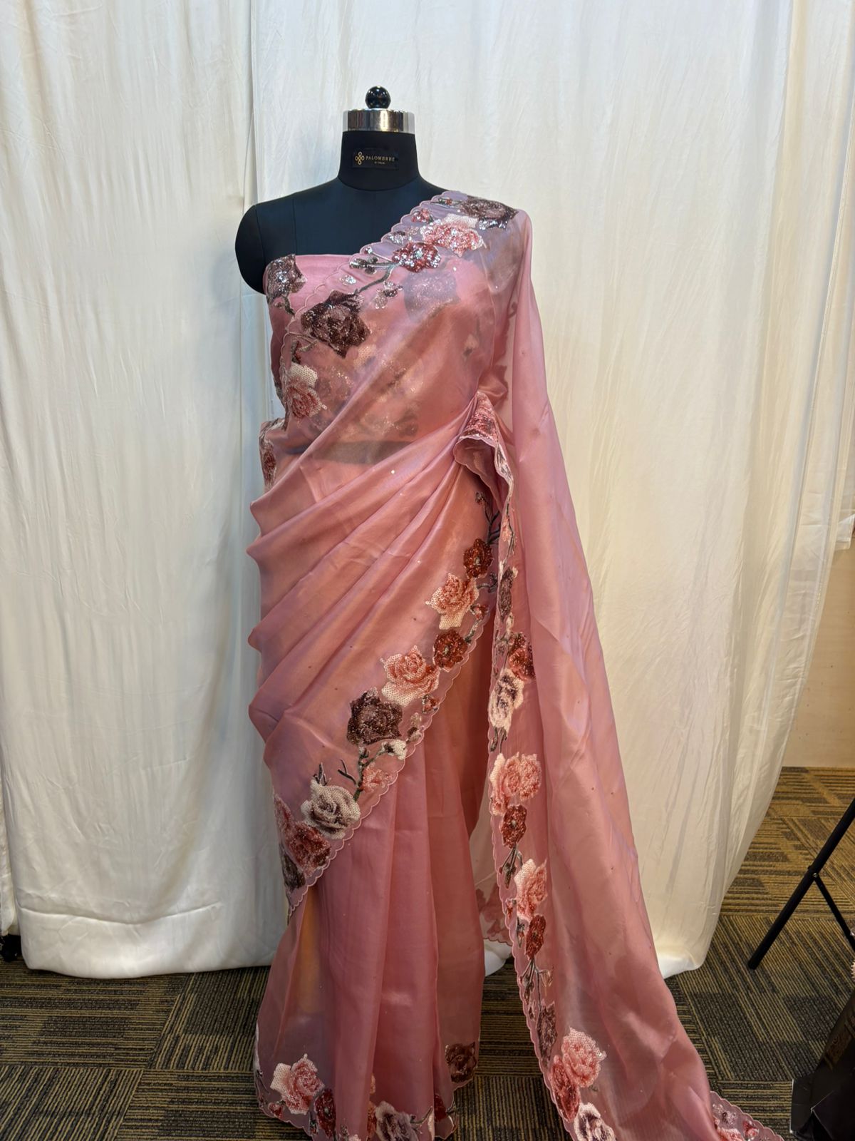 Blush Pink Floral Embellished Organza Saree