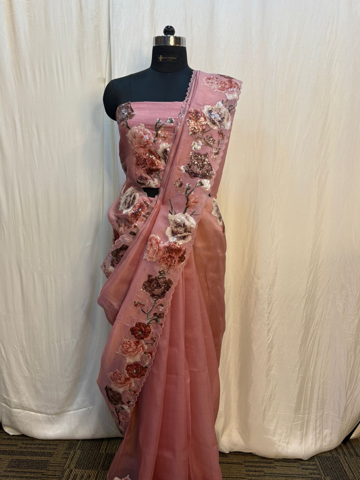 Blush Pink Floral Embellished Organza Saree