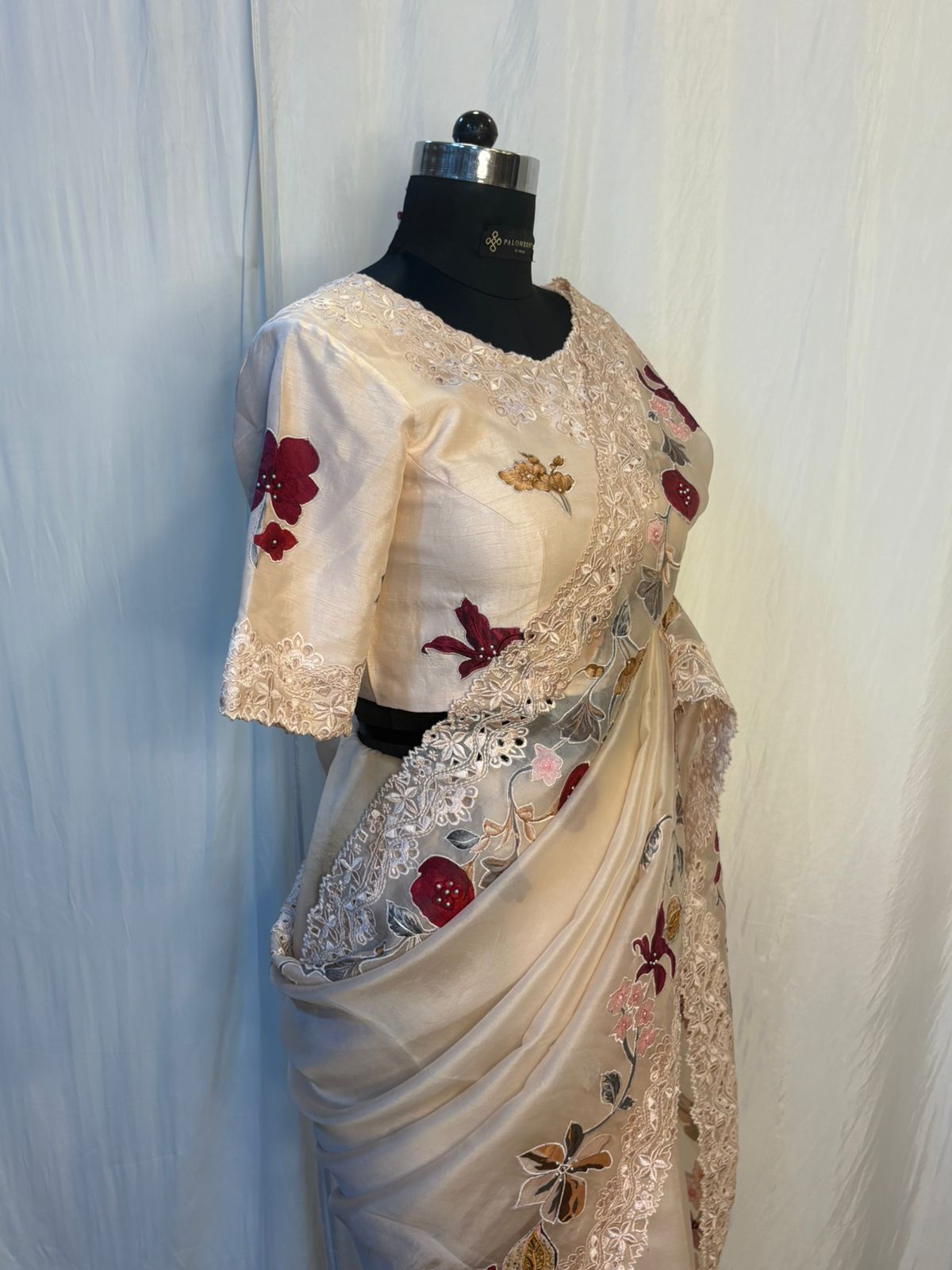 Champagne Beige Floral Embroidered Organza Saree
