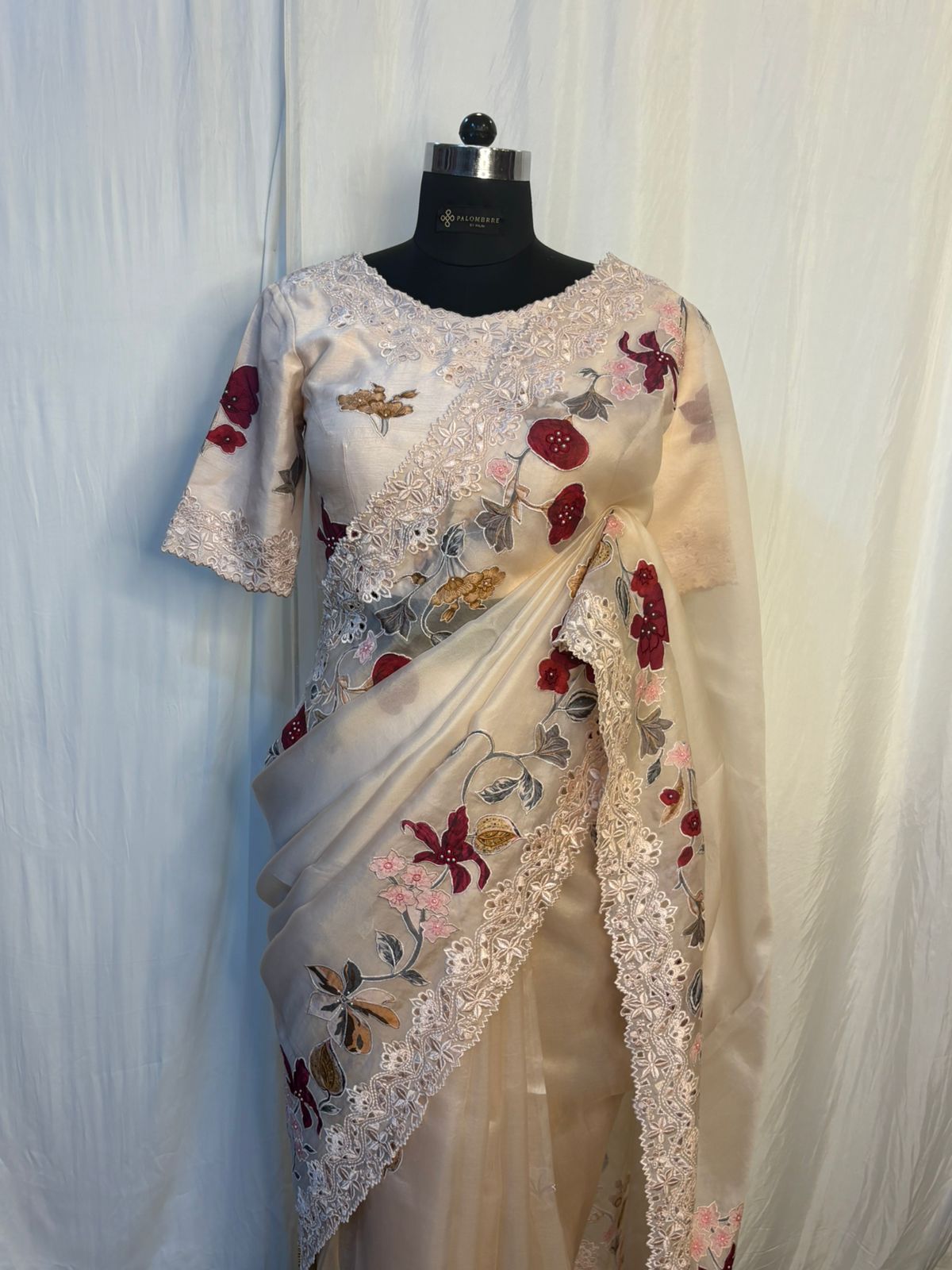 Champagne Beige Floral Embroidered Organza Saree