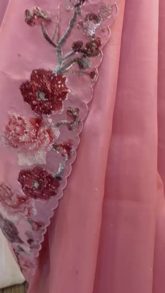 Load and play video in Gallery viewer, Blush Pink Floral Embellished Organza Saree
