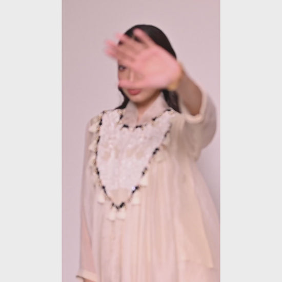 Load and play video in Gallery viewer, Zubeida Cream Chiffon and Organza Top with Satin Skirt
